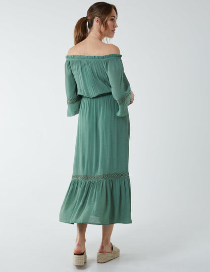 Off Shoulder Elasticated Lace Insert Midi Dress