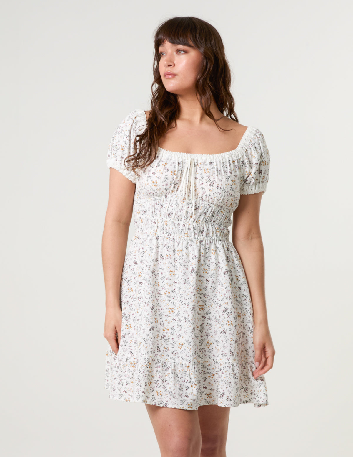 Puff Sleeve Shirred Mini Dress