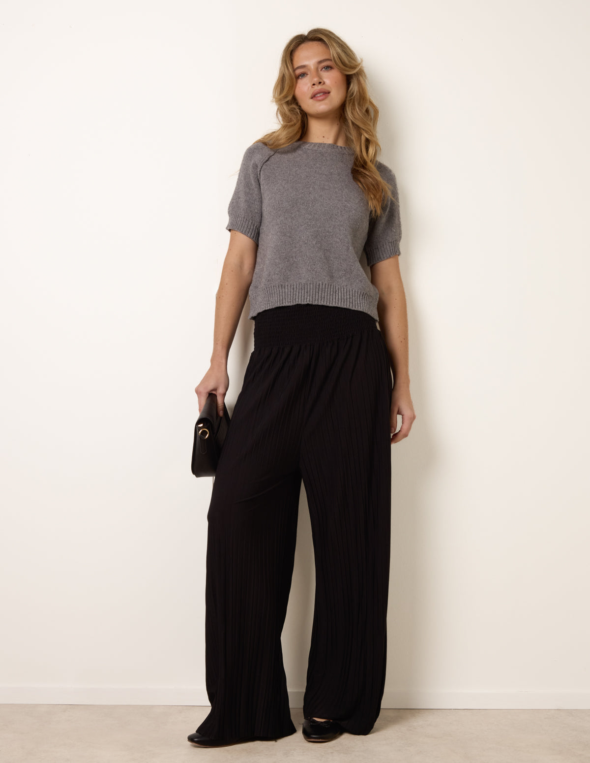 Shirred Waist Pleated Wide Leg Trousers