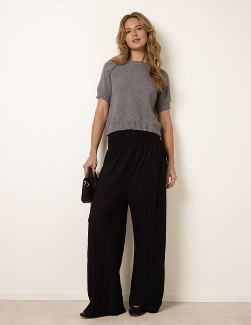 Shirred Waist Pleated Wide Leg Trousers