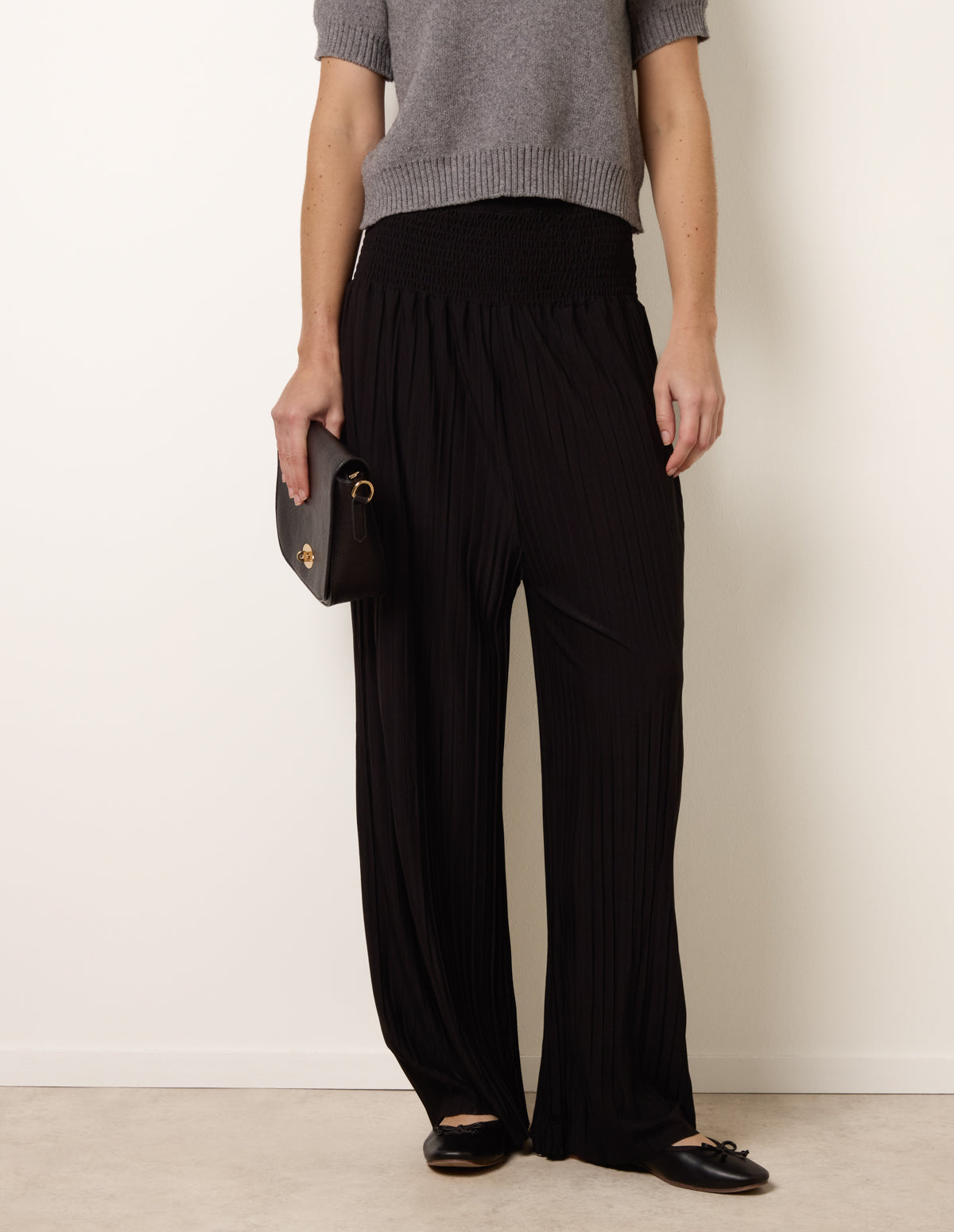 Shirred Waist Pleated Wide Leg Trousers