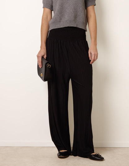 Shirred Waist Pleated Wide Leg Trousers