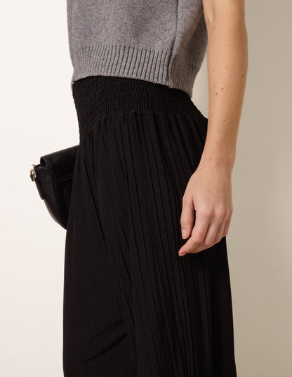 Shirred Waist Pleated Wide Leg Trousers