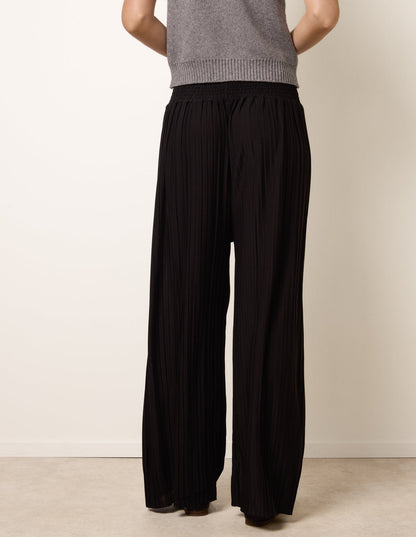 Shirred Waist Pleated Wide Leg Trousers