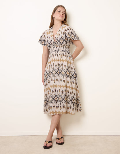 Embroidered Wrap Front Midi Dress
