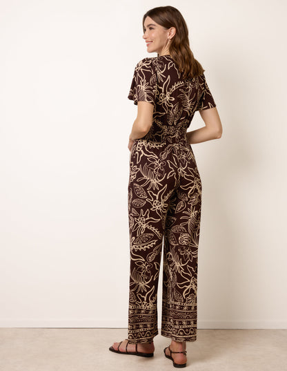 Tropical Print Shirred Waist Elasticated Round Neck Jumpsuit