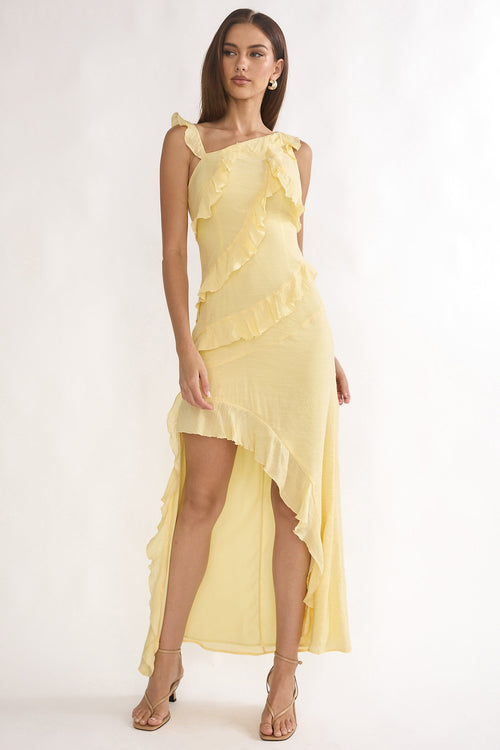Arrabel Asymmetric Hem Ruffle Maxi Dress Lemon