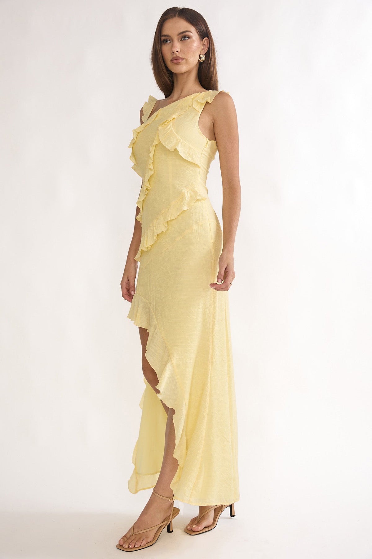 Arrabel Asymmetric Hem Ruffle Maxi Dress Lemon