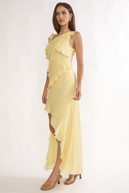 Arrabel Asymmetric Hem Ruffle Maxi Dress Lemon