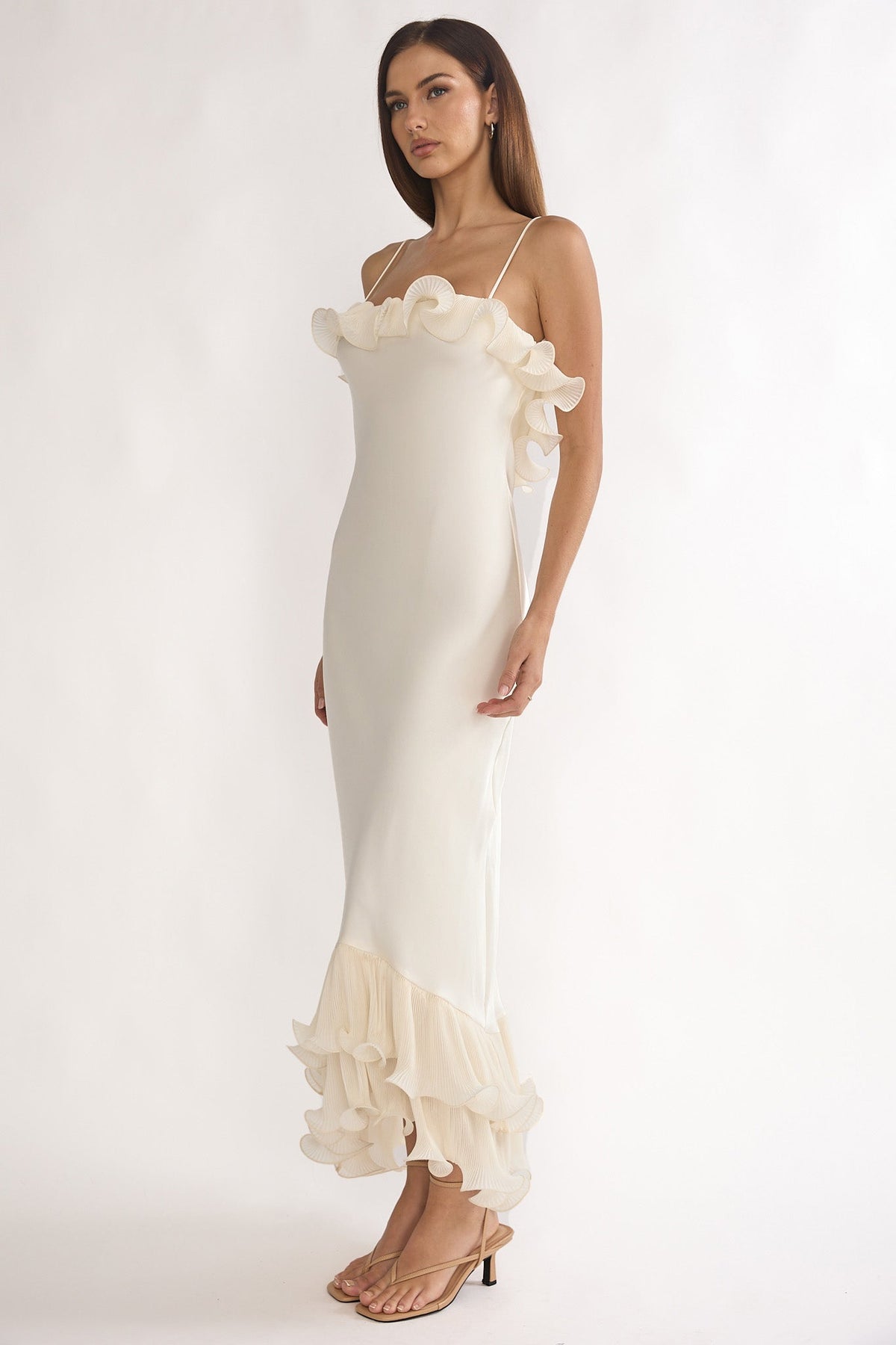 Okay, Cupid Low Back Ruffle Trim Maxi Dress Oyster