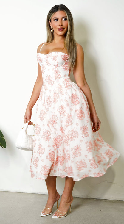 Knox Floral Flare Midi Dress - White Orange