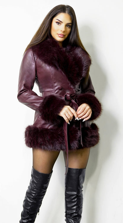 Metropolitan PU Faux Fur Coat - Burgundy