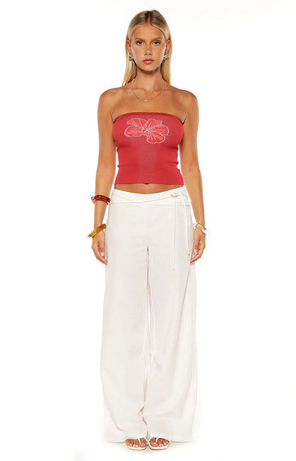 Deja Red Knit Hibiscus Strapless Tube Top