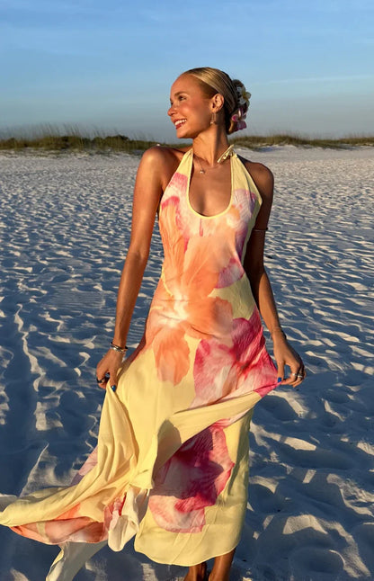 Elowen Yellow Hibiscus Floral Halter Maxi Dress