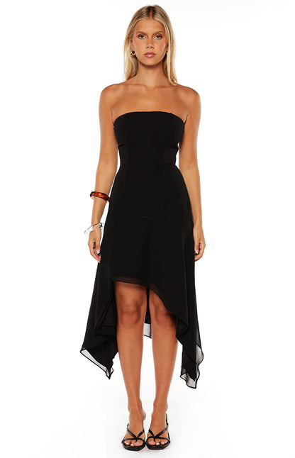 Jannah Black Strapless Hanky Hem Midi Dress