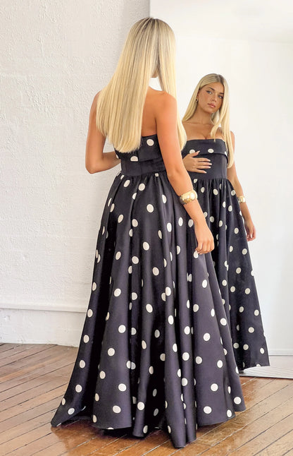 Julianne Strapless Polka Dot Satin Maxi Dress