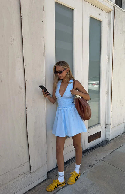 Juna Light Blue Stripe Shirred Mini Dress