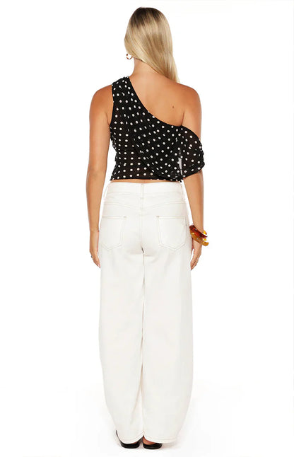 Khamie Black Polka Dot Off Shoulder Top