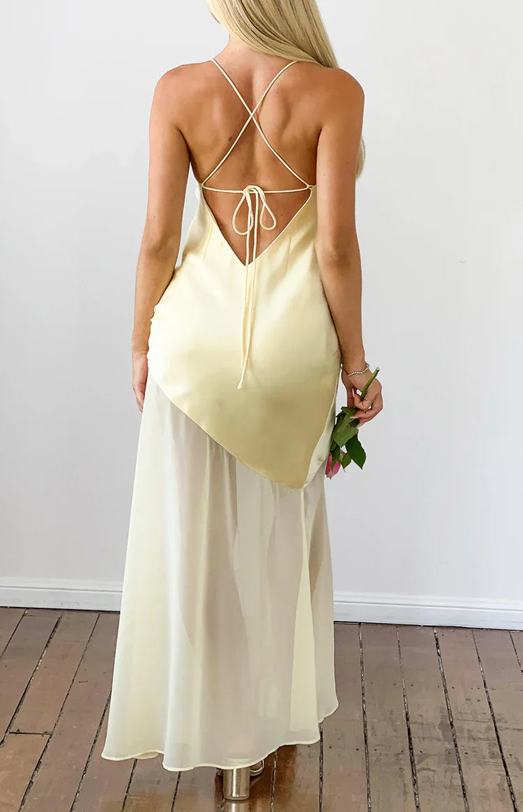 Laila Yellow Satin Scarf Formal Maxi Dress