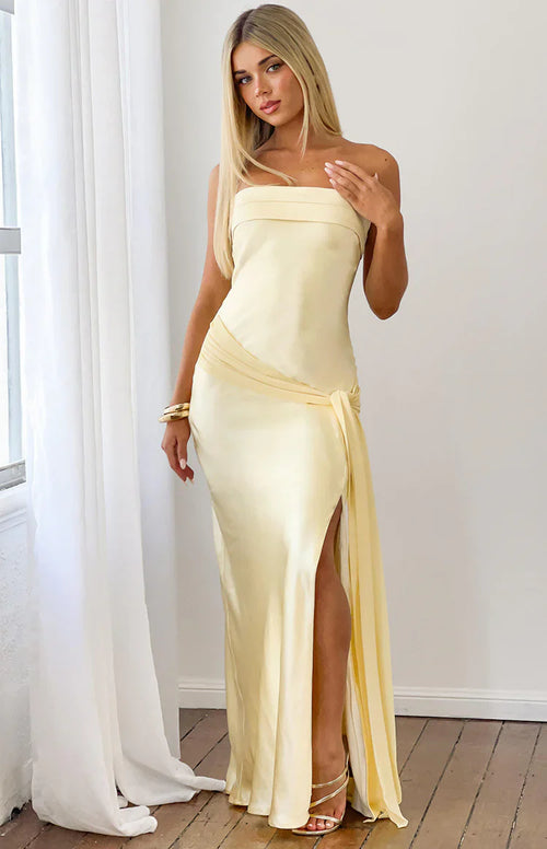 Novie Yellow Tie Detail Satin Strapless Maxi Dress