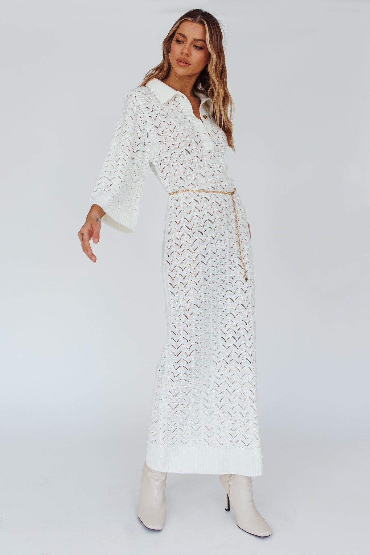 Alouette 3/4 Sleeve Crochet Midi Dress Cream