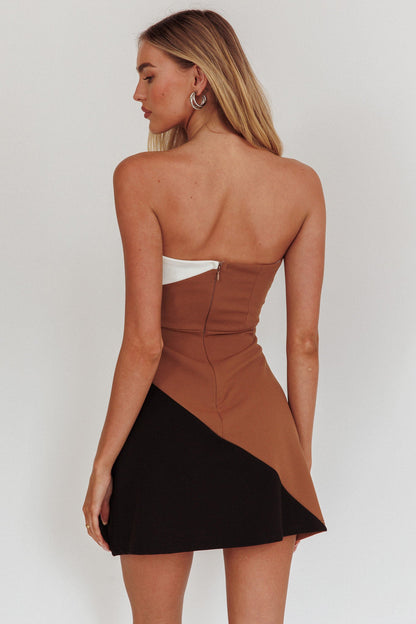 Kindle Strapless Contrast Panels Mini Dress Tan Multi