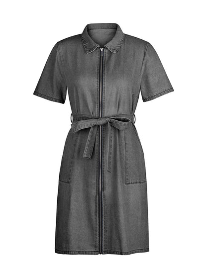 Full Size Zip Front Short Sleeve Denim Dress Plus Size