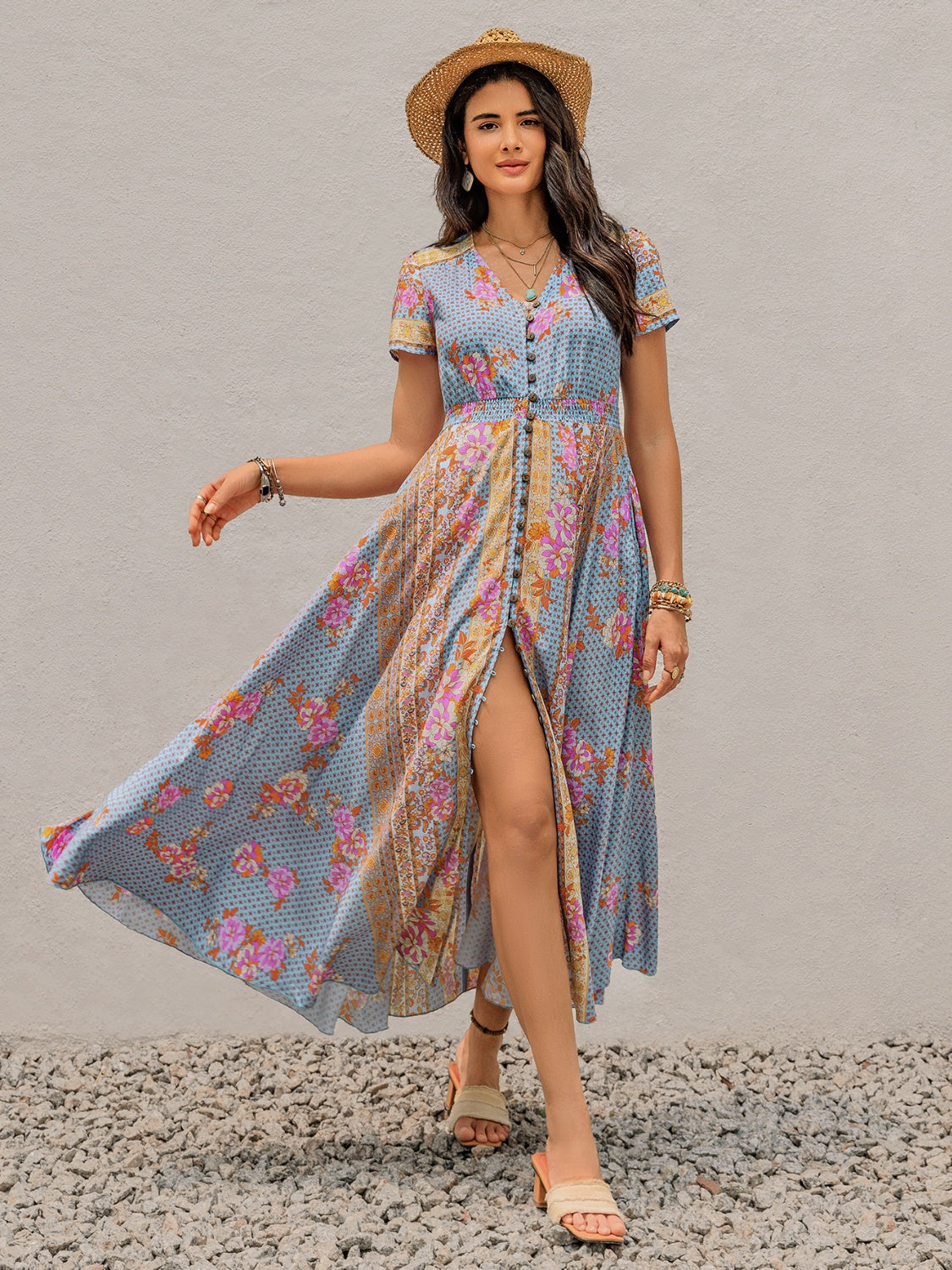 Smocked Floral V-Neck Short Sleeve Midi Dress