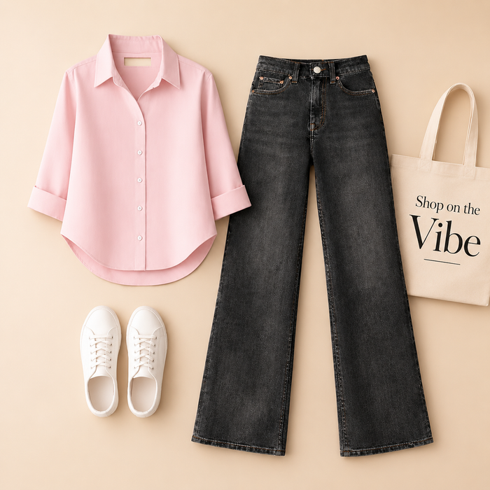 BABY PINK BUTTON SHIRT WITH MALAYSIAN BLACK WIDE LEG JEANS