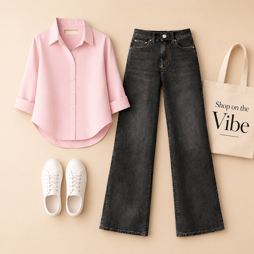 BABY PINK BUTTON SHIRT WITH MALAYSIAN BLACK WIDE LEG JEANS