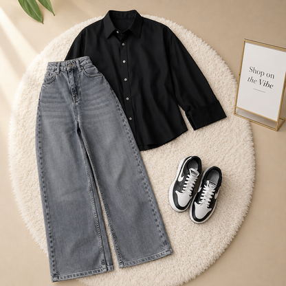 BLACK BUTTON DOWN SHIRT WITH CHARCOAL WIDE LEG JEANS