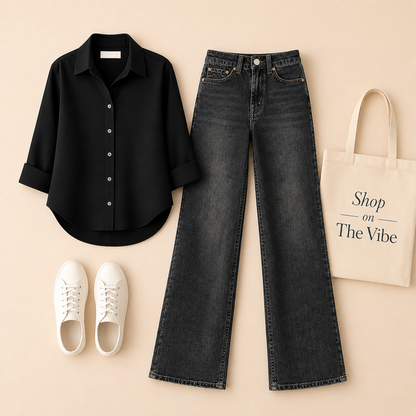 BLACK BUTTON DOWN SHIRT WITH MALAYSIAN BLACK WIDE LEG JEANS