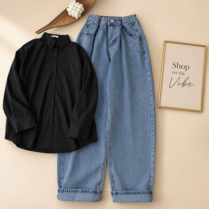 BLACK BUTTON SHIRT WITH SKY BLUE WIDE LEG JEANS