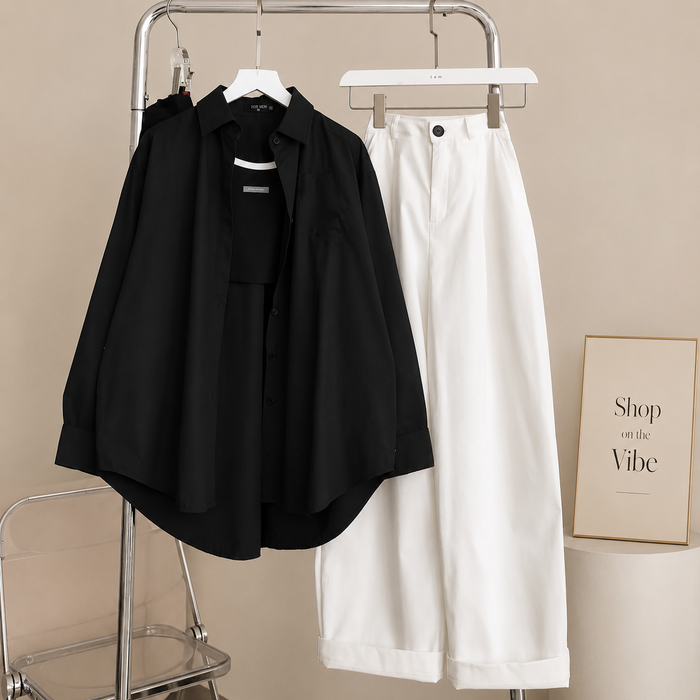 BLACK BUTTON SHIRT WITH WHITE WIDE LEG JEANS COMBO