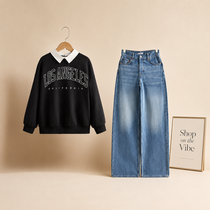 BLACK COLLAR SWEATSHIRT LOS ANGELES WITH MID BLUE WIDE LEG JEANS