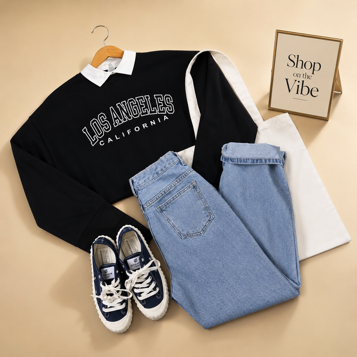 Black / Midblue Collar sweat los Angeles and wideleg jeans