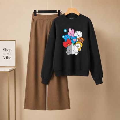 BLACK SWEATSHIRT BT21 WITH BROWN FLAPPER