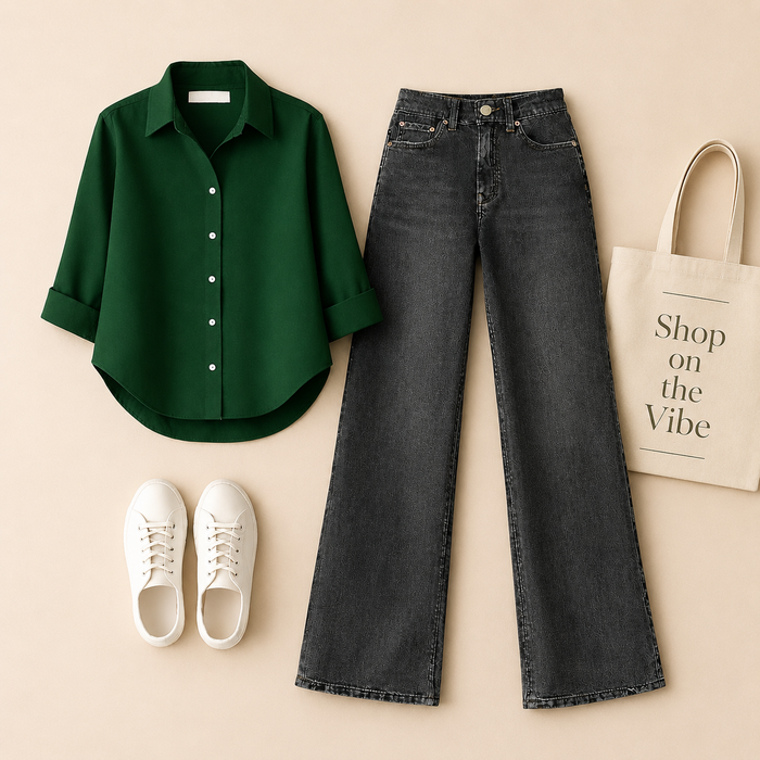 BOTTLE GREEN BUTTON SHIRT WITH MALAYSIAN BLACK WIDE LEG JEANS