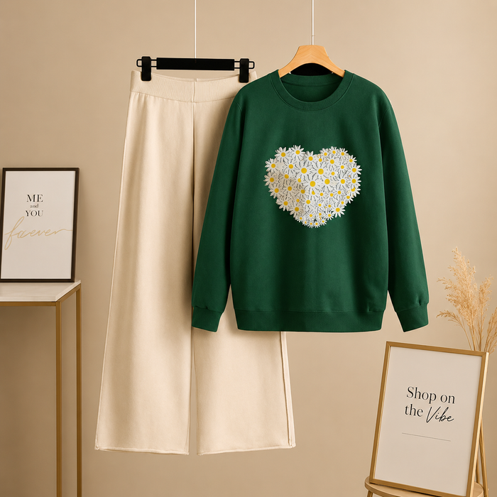 BOTTLE GREEN SWEATSHIRT DAISY HEART WITH BEIGE FLAPPER