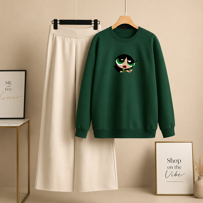 BOTTLE GREEN SWEATSHIRT GREEN POWERPUFF WITH BEIGE FLAPPER