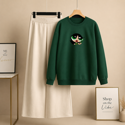 BOTTLE GREEN SWEATSHIRT GREEN POWERPUFF WITH BEIGE FLAPPER