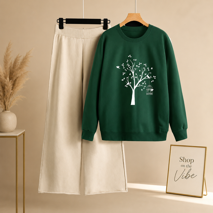 BOTTLE GREEN SWEATSHIRT NEW TREE WITH BEIGE FLAPPER