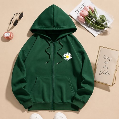 BOTTLE GREEN ZIPPER HOODIE POCKET SUNFLOWER