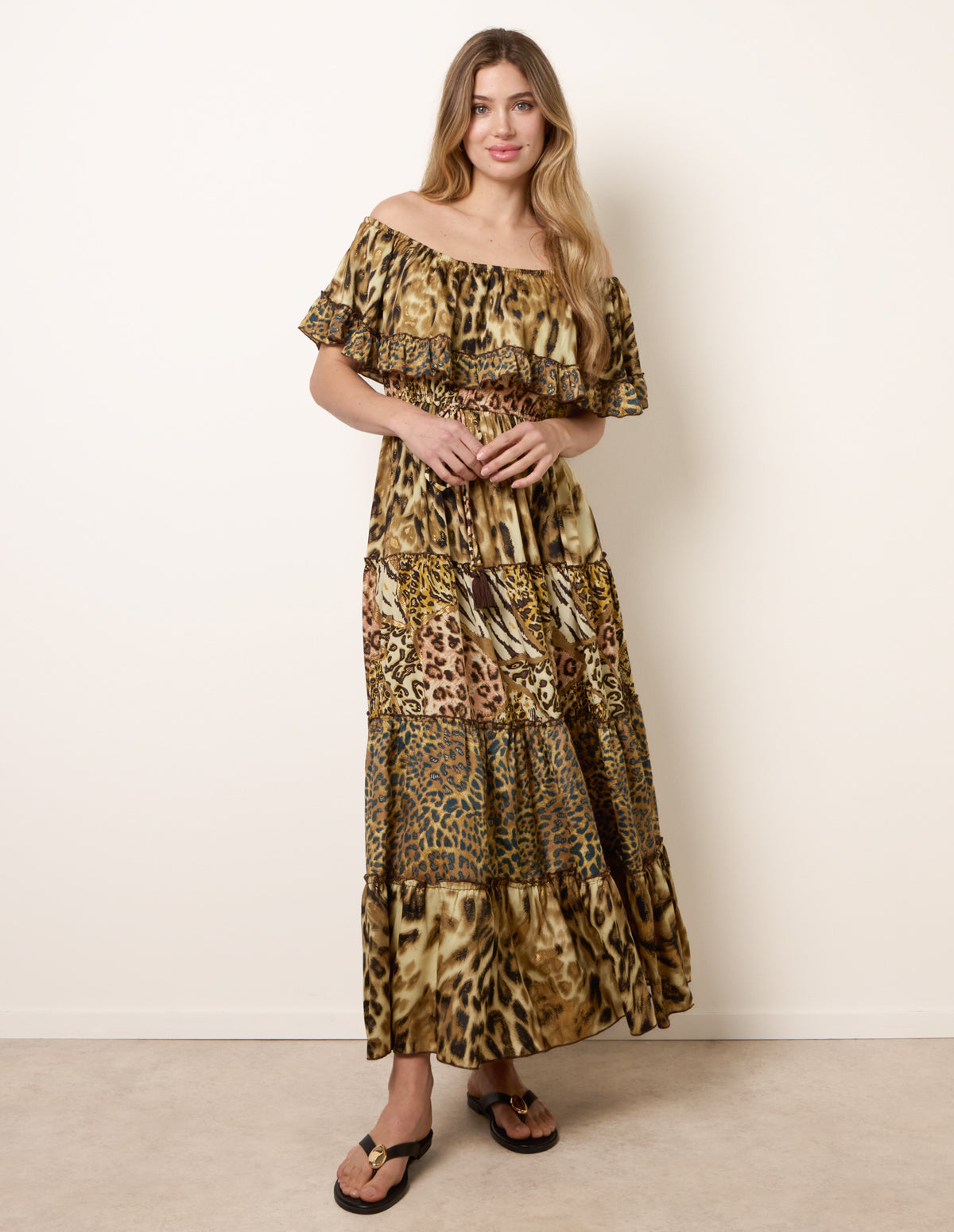 Animal Print Off The Shoulder Maxi Tiered Dress