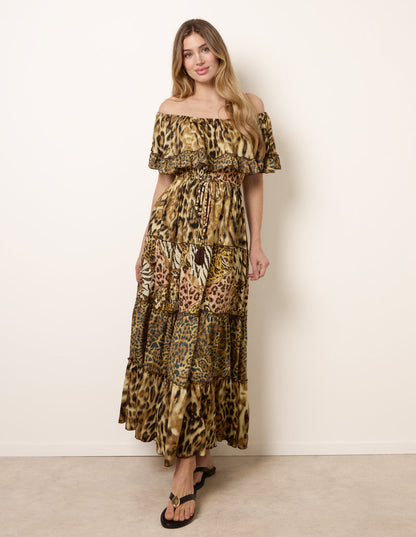 Animal Print Off The Shoulder Maxi Tiered Dress
