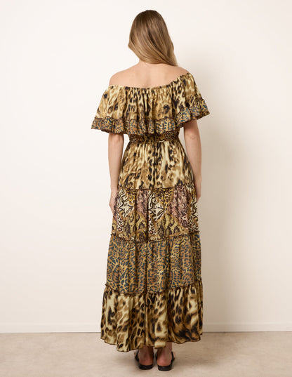 Animal Print Off The Shoulder Maxi Tiered Dress