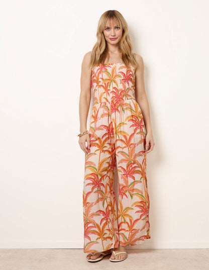 Side Split Flare Leg Tropical Jumpsuit
