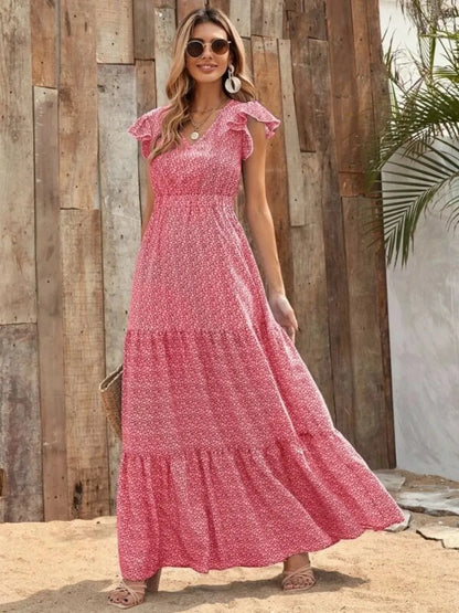 Printed V-Neck Ruffled Cap Sleeve Maxi Dress