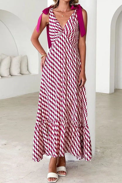 Printed V-Neck Tie Shoulder Midi Cami Dress
