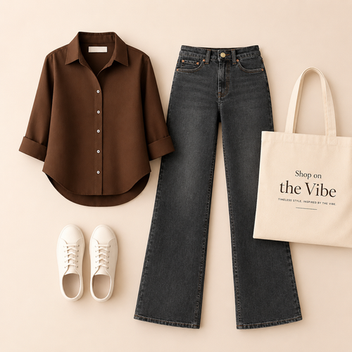 DARK BROWN BUTTON SHIRT WITH MALAYSIAN BLACK WIDE LEG JEANS